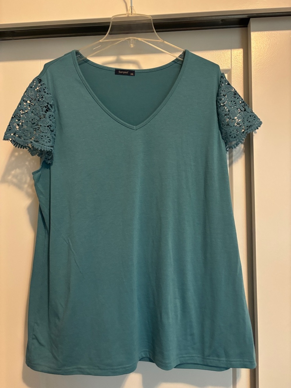 Soprano Teal V-Neck Tee with Crochet Short Sleeves